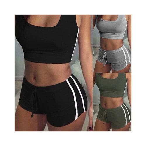 Summer Two Pieces Outfits Women Set Cropped Tops Shorts Sports Sets Workout Wear Striped Tracksuit Stretch T Shirt Shorts