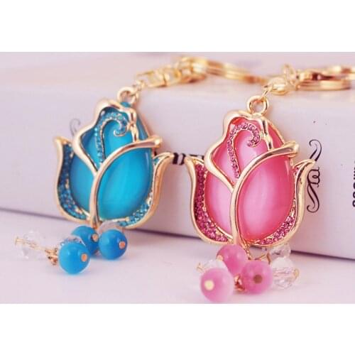 Creative fashion gift key chain opal magnolia key ring lady flower key chain metal crystal ball tassel pendant small gift