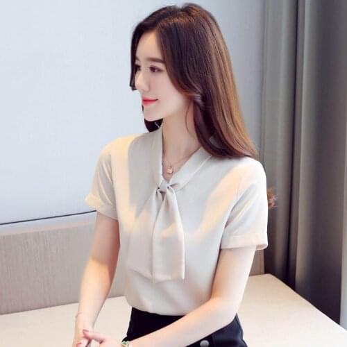 Summer Fashion Chiffon Solid color Casual Ladies Shirt Bow ladies Short sleeve tops