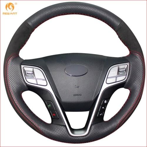 MEWANT Black Genuine Leather Black Suede Car Steering Wheel Cover for Hyundai Santa Fe 2013-2018 ix45 Interior Accessories Parts