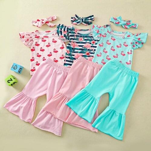 Fashion Child Clothing 2021Baby Girl Summer Clothes Set Short sleeve Red little swan Pattern+Flare Pants+Turban Kids OutfitsSuit