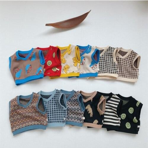 Fashion Baby Sleeveless Sweatshirt For Boys Cartoon Tops Cotton Baby Girl Knit Vest Autumn Children Windproof Plaid Vest Sweater