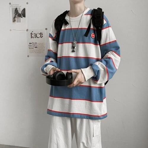 Long Sleeve Men T Shirt Autumn O Neck Japan Style Striped Harajuku Hip Pop Streetwear Korean Fashion Oversized Couple Clothing