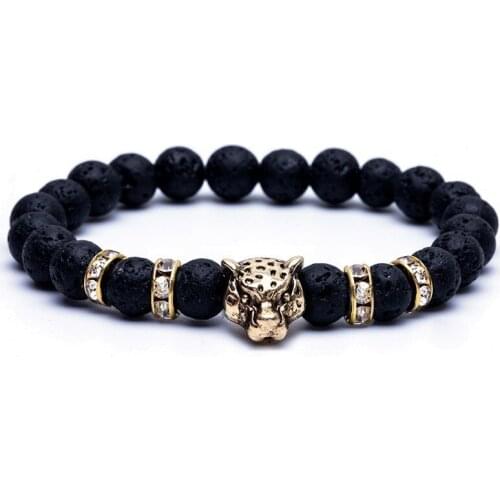 Natural Stone Lava Stone Bead Strand Bracelet For Men Males Leopard Pendant Panther Head Charms Bracelet Jewelry On Hand