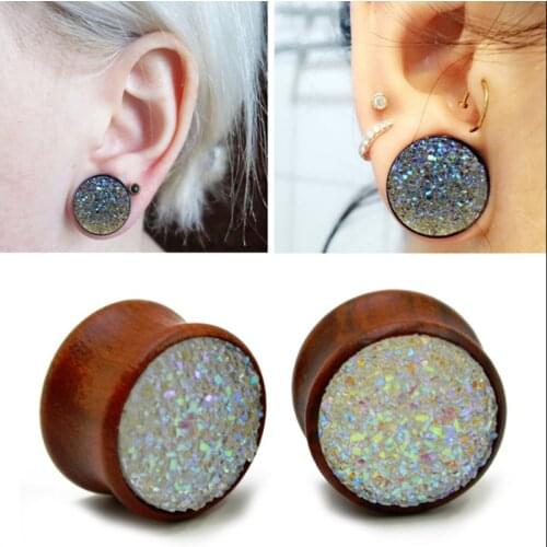 PAIR Synthetic Druzy Double Flared Saddle Ear Gauge Wood Flesh Tunnel Plug Piercing Ear Expander Fashion Charming Girls Jewelry