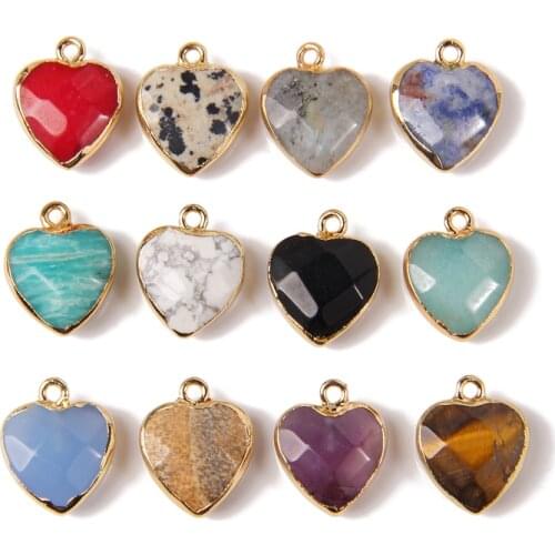 17*14mm Heart Shape Charms Natural Stone Gold Edge Heart Pendant Crystal Amazonite Charms for Jewelry Making DIY Craft Necklace