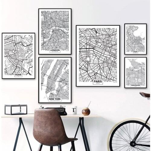 Nordic Simple Stylish Black White City Maps Canvas painting Prints Poster Wall Art Picture Living Room Home Decor Free Shipping