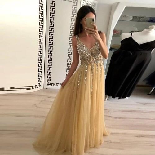 Sexy Backless Puffy Tulle Beaded Prom Dresses Formal Party Robe De Soirée Femme Sleeveless A Line Floor Length Evening Gowns