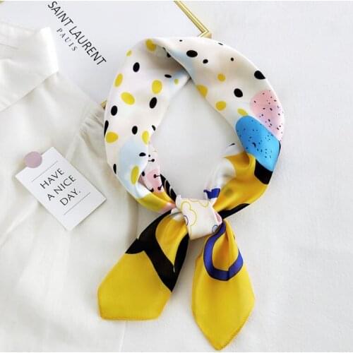 New Multifunction 70*70cm Polyester Silk Scarf Cartoon Pattern Cute Satin Small Square Wraps Head Scarves hijab for Women 2021