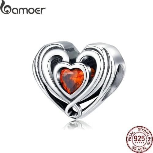 Bamoer Genuine 925 Sterling Silver Openwork Red Heart Charm for Original Charms Bracelet Women Jewelry Making SCC1472