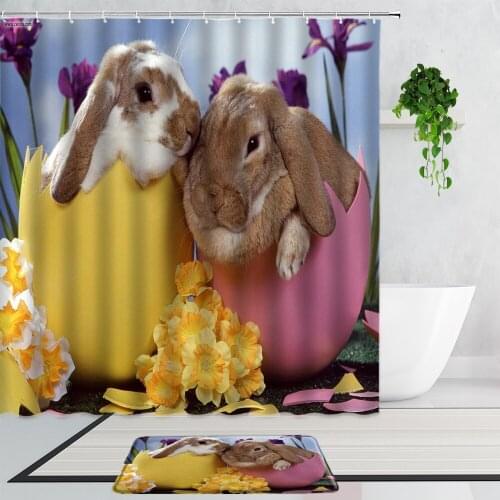 Cute Couple Rabbit Shower Curtains Meadow Flowers Animal Home Decoration Background Bathroom Fabric Curtain Set Bath Mat Carpet