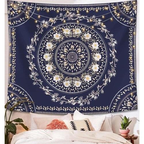 Blue Bohemian Tapestry Wall Hanging Mandala Floral Medallion Tapestry Navy Wall Decor Blanket for Bedroom Home Dorm