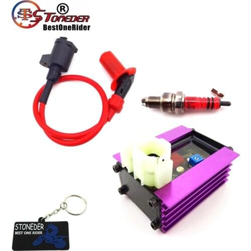 STONEDER 3 Electrode A7TC Spark Plug + 6 Pin Adjuster AC CDI + Ignition Coil For 50cc 125cc 150cc ATV Quad GY6 Scooter Moped