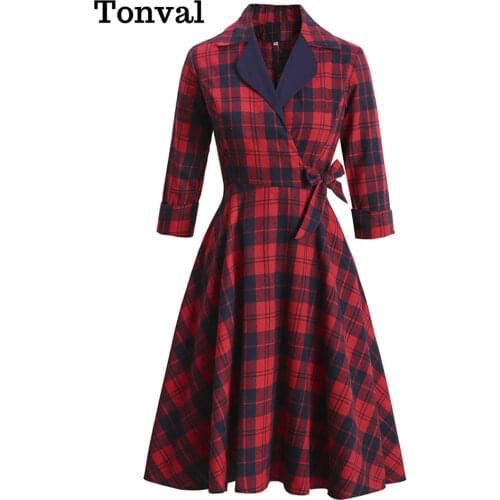 Tonval Notched Collar Red Plaid Cotton Vintage 50s Bow Dresses Women Three Quarter Sleeve Elegant Midi Dress Retro Robe