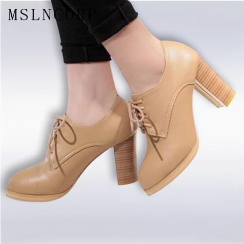 Plus Size 34-43 Fashion spring autumn Dress Ladies Pumps Lace-up Square heel women Shoes Round Toe handmade party Casual Shoes