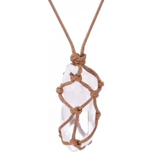 FYJS Unique Handmade Weave Irregular Shape Clear Quartz Pendant Rope Chain Necklace Attractive Design Jewelry