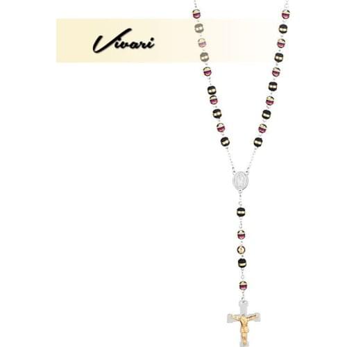 Vivari Womens Fashion Cross Jesus Stainless Steel Pearl Necklace Beaded Pendant Necklace