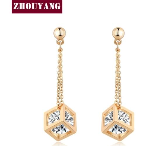 ZHOUYANG Top Quality Crystal Cube Drop Earrings Rose Gold Color Earring Jewelry Austrian Crystal ZYE661 ZYE652