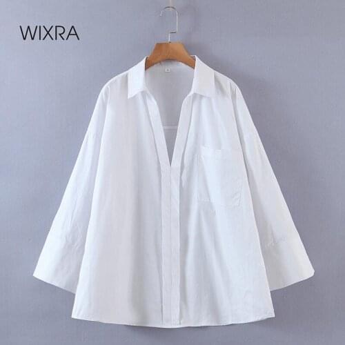 Wixra Spring Summer Loose Solid Blouses Long Sleeve Pockets Casual White Office Lady Style Tops For Female