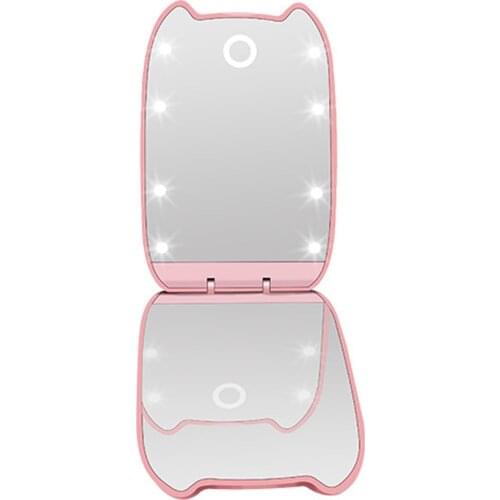 LED Makeup Mirror With Light Portable Foldable 2X Magnification Touch Screen Cosmetic Mirror Cat ear Shape 2-Face Ladies Mirror
