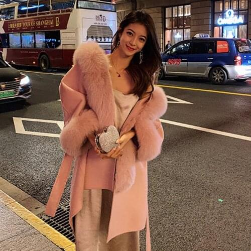 2020 New Arrival Women Wool Blend Outerwear Loose-version Jacket Shawl Collar With Fox Fur Trim Coat