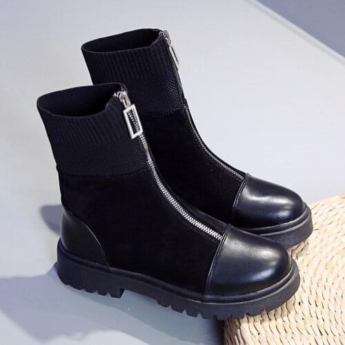2021 Fashion Ankle Boots Woman Slip-On Shoes Woman Fashion Knitted Elastic Round Toe Short Boots Platform Leather Boots Women