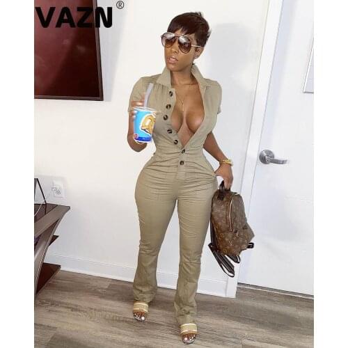 VAZN 2020 Energetic suitable Military Rompers Womens Jumpsuits Sexy Fashion Short Sleeve V-neck Bandage Pants Office Jumpsuits