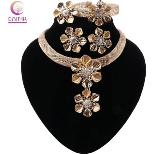 CYNTHIA African Bridal Dubai Jewelry Sets for Women Charm Indian Necklace Bracelet Ring Earrings Nigeria Wedding Jewelry Set