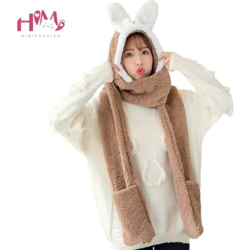 Winter Hat and Gloves Set Women Kawaii Rabbit Ear Warm Soft Wool Hooded Srarves Girl Korean Cute Cycling Neck Thick Plush Scarf