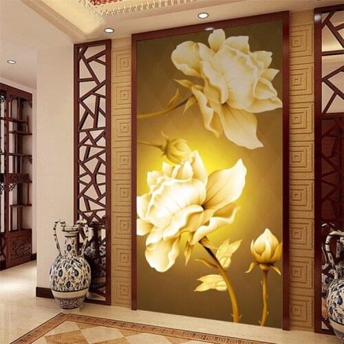5D mural rose aisle wallpaper solid golden background wall painting green 3D non-woven European entrance Corridor