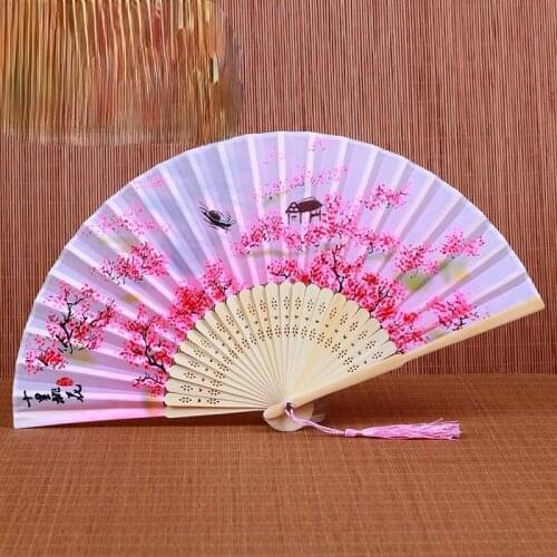 Elegant Cherry Vintage Style Silk Folding Fan Chinese Japanese Pattern Art Craft Gift Home Decoration Ornaments Dance Hand Fan