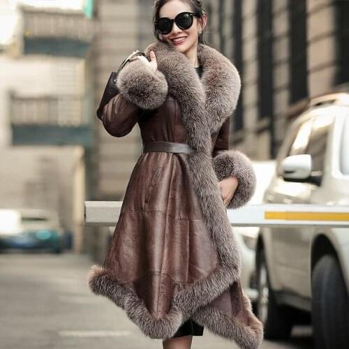 European and American fashionable fox fur collar Sheepskin Fur one womens long fur coat new trend in winter 2019