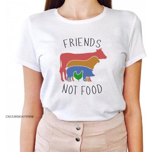 Animal Print T Shirt Cow Pig Dog Chicken Friends Not Food Funny Spoof Vegan T-Shirts Simple White Womens Clothes Premium Fabric