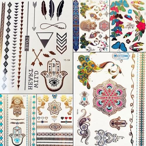 Indian Hamsa Hand Eye Golden Temporary Tattoo Mandala Flower Gold Metallic Flash Tattoo Stickers Women Makeup Lace Fake Tatoo