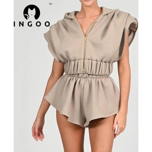 INGOO Summer Casual Tracksuit Set Women Loose Bat Sleeve Shoulder Pads Hoodie Sports Shorts Suit Fashion Streetwear 2 Piece Sets