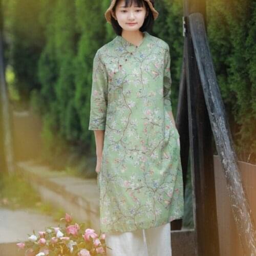 Chinese Style Literary Double-Layer V-Neck Printing Zen Improved Cheongsam Dress Womens Summer Sundresses Green Dress