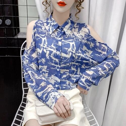 Korean Office Lady Loose Sexy Off Shoulder Blouses Spring Womens Single-breasted Vintage Printed Shirts Tops Plus Size Clothing