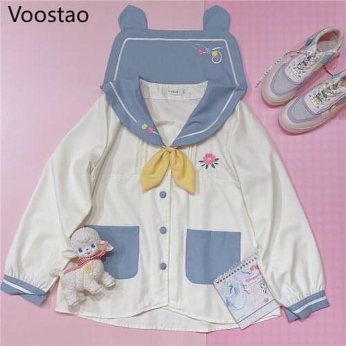 Japanese Spring Autumn Women Sweet Lolita Style Coats Kawaii Bear Ears Sailor Collar Loose Jackets Girls Cute Outerwear Tops