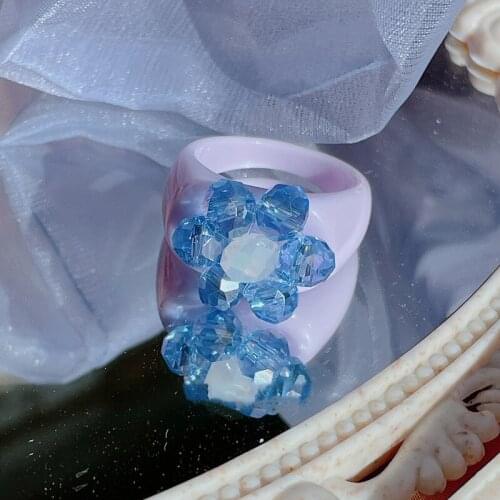 TIMEONLY Cute Colorful Crystal Flowers Charm Rings for Women 2021 Summer Rainbow Arcylic Floral Chunky Ring Holiday Accessories