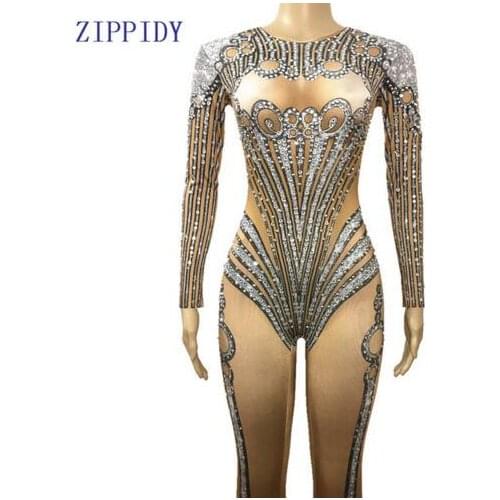 Fashion Sparkly Rhinestones Nude Stretch Bodysuit Crystals Stones Outfit Female Singer Dance Nightclub Performance Party Wear