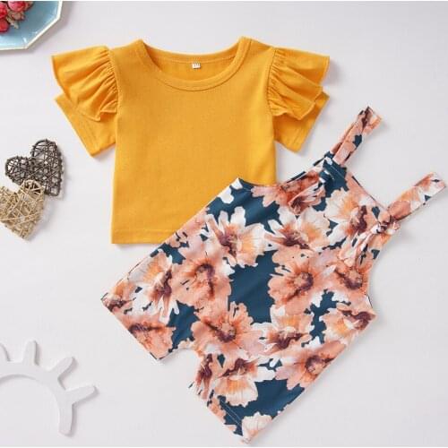 Fashionable 2pcs Comfortable Leisure Chic Cotton Clothes Set Infant Girl Ruffled Short Sleeve T-shirts Print Jumpsuit