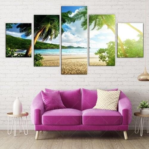 Wall Art Canvas Prints Paintings Posters 5 Pieces Beach Palm Tree Group Seascape Pictures For Living Room Home Decor Framework