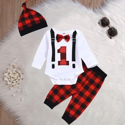 New Baby Boy Girl Newborn First Clothe Romper Plaid Pant Hat Outfit