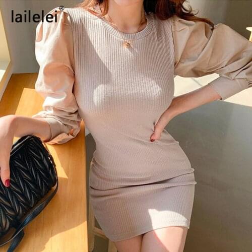 New winter cultivate ones temperament knit stitching shirt sleeve leisure render women dress