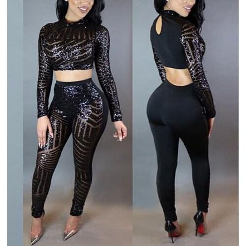 New Autumn Club Women Bodycon Bandage Playsuit Black 2 pieces Sexy Slim Sequined O-neck Zipper Women Bodysuit Bandage Jumpsuit