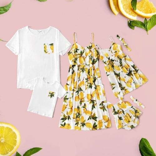 PatPat 2021 New Summer Mosaic Mommy and Me Lemon Tank Sleeveless Dresses for Mom - Girl - Baby knee length Side pockets