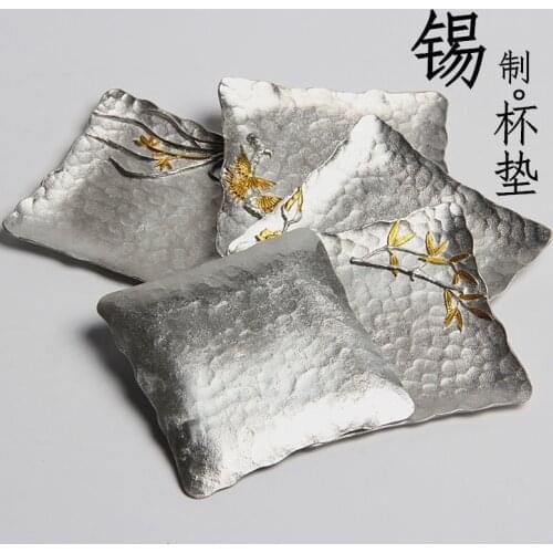 Pure tin coasters, metal cups, Japanese-style thermal insulation, four-sided creative saucer tea ceremony accessories