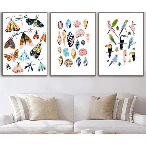 Tropical Bird Sea Shells Moth Nordic Posters and Prints Wall Art Canvas Painting Insect Wall Pictures for Living Room Home Decor