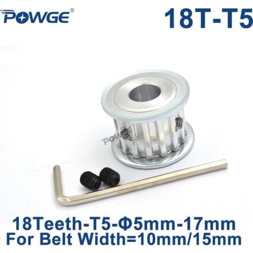 POWGE Trapezoid 18 Teeth T5 Timing Synchronous pulley Bore 5/6/6.35/7/8/10/12/14/15/16/17mm for belt width 10/15mm 18teeth 18T