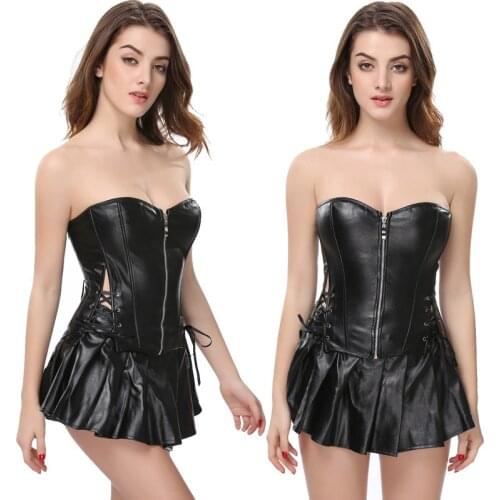 S-6XL Plus Size Lingerie Women Black Faux Leather Burlesque Steampunk Corset Dress Gothic PVC Corset Vest Bust 829